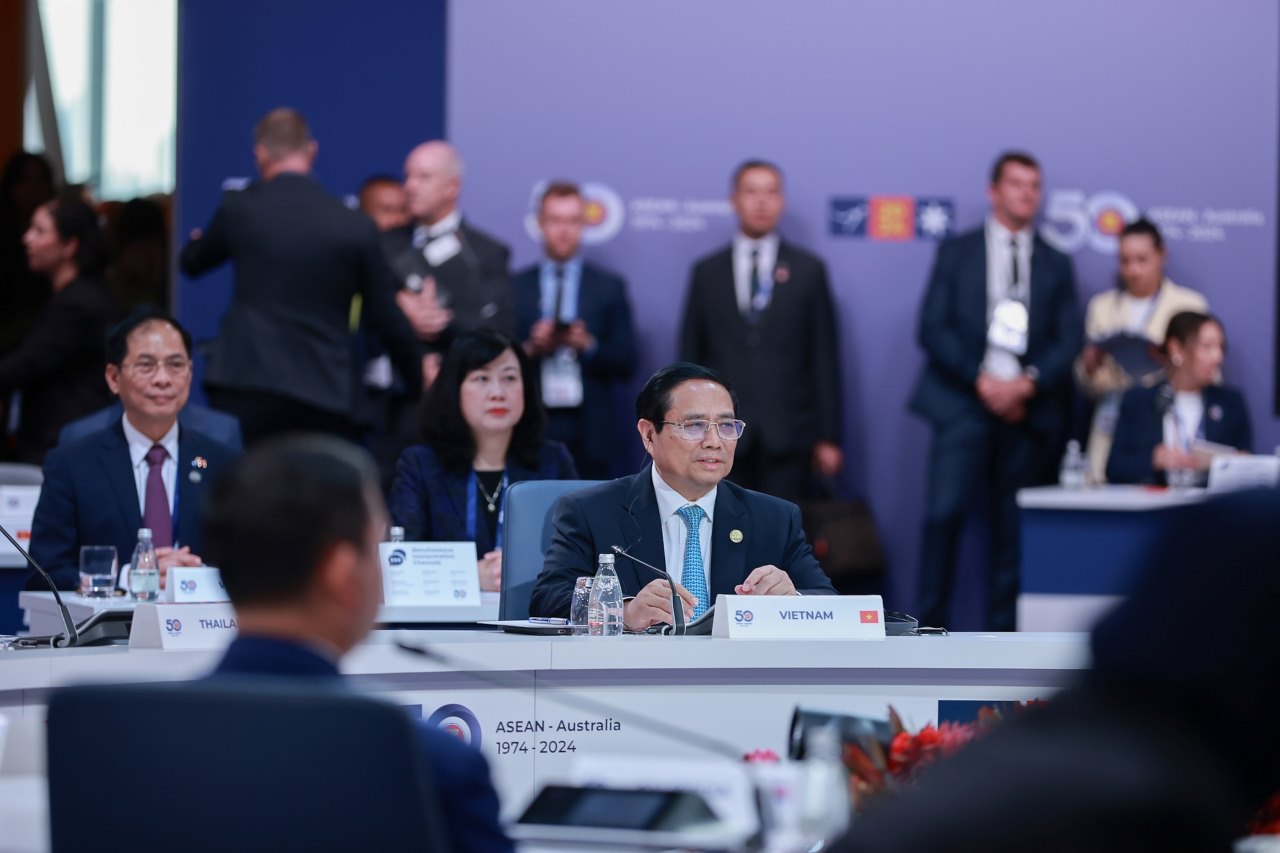 Thủ tướng Chính phủ Phạm Minh Chính và đoàn đại biểu Việt Nam tham dự Phiên họp toàn thể Hội nghị Cấp cao đặc biệt ASEAN - Australia. Ảnh: VGP