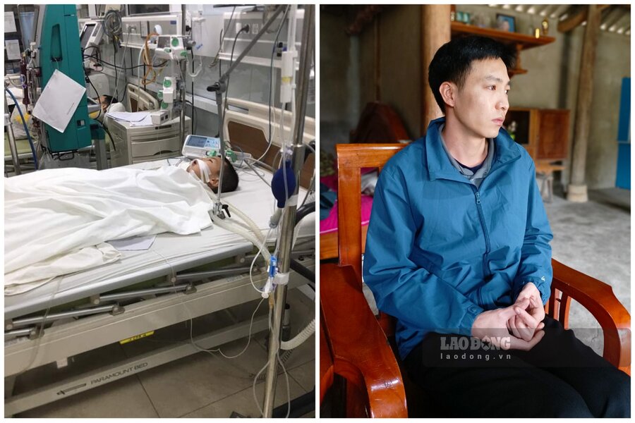 Anh công nhân Hà Văn Trại đang phải đi vay nợ khắp nơi để chữa bệnh cho con trai 7 tuổi. Ảnh: Tô Công.