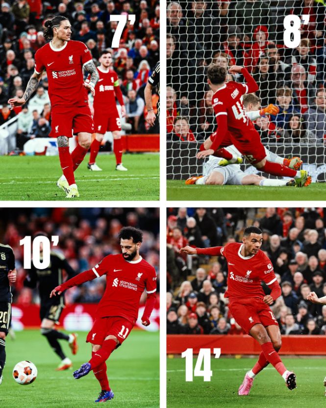 4 bàn thắng được ghi trong 15 phút đầu hiệp 1 của Liverpool. Ảnh: Liverpool FC