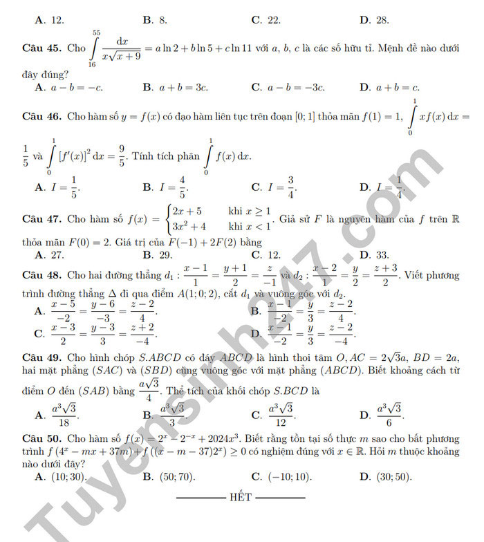 Đề thi giữa kì 2 môn Toán lớp 12 tại Nam Định. Ảnh: Tuyensinh247