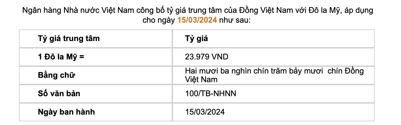 Tỷ giá trung tâm được công bố ở mức 23.979 VND/USD. Ảnh chụp màn hình