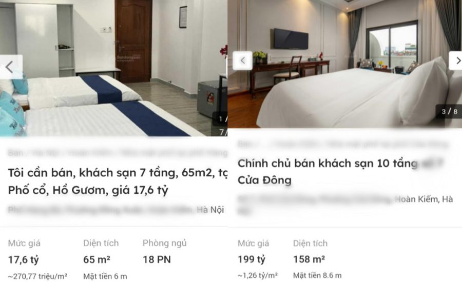 Nhiều khách sạn trăm tỉ đồng Hà Nội rao bán. Ảnh: Chụp màn hình
