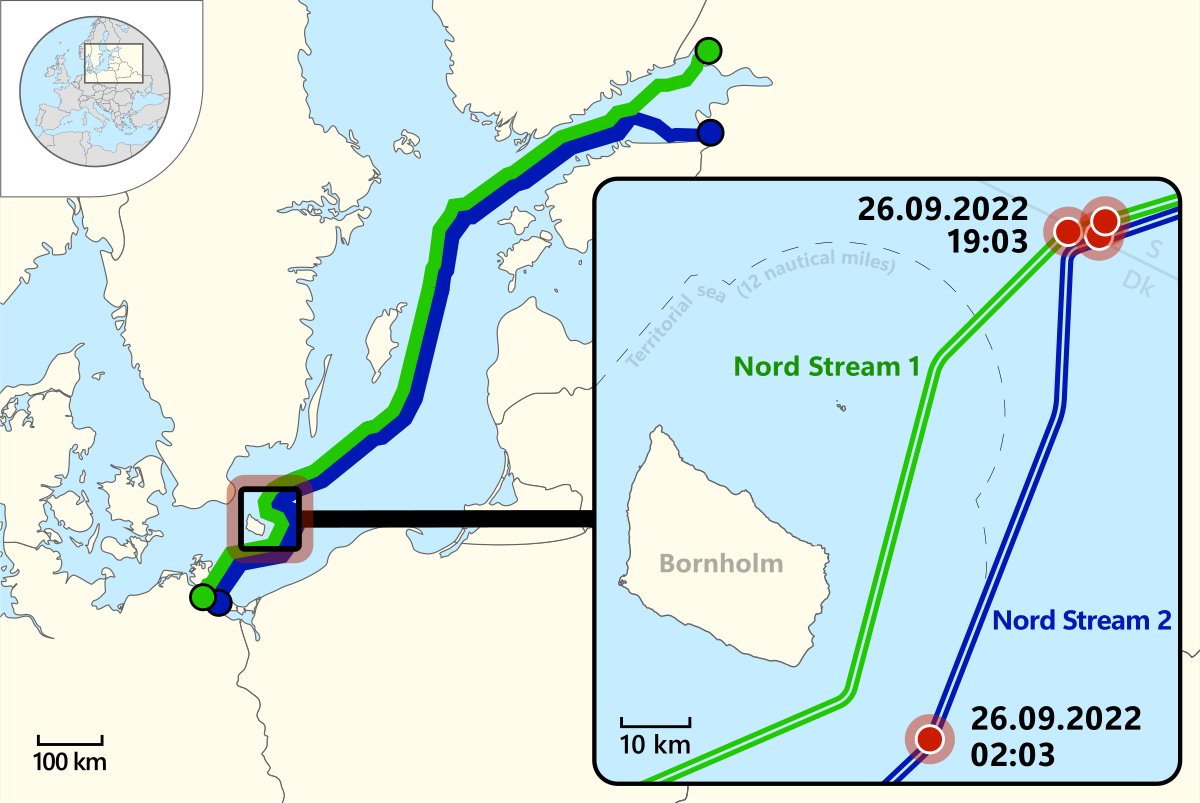 Bản đồ hiển thị vị trí vụ nổ đường ống Nord Stream 1 và Nord Stream 2 gần đảo Bornholm, Đan Mạch, ngày 26.9.2022. Ảnh: Wiki