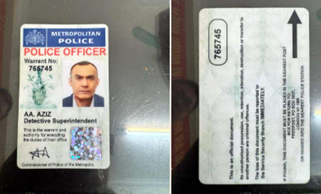 Thẻ cảnh sát Interpol giả được hai đối tượng sử dụng để lừa đảo. Ảnh: Công an quận Hoàn Kiếm