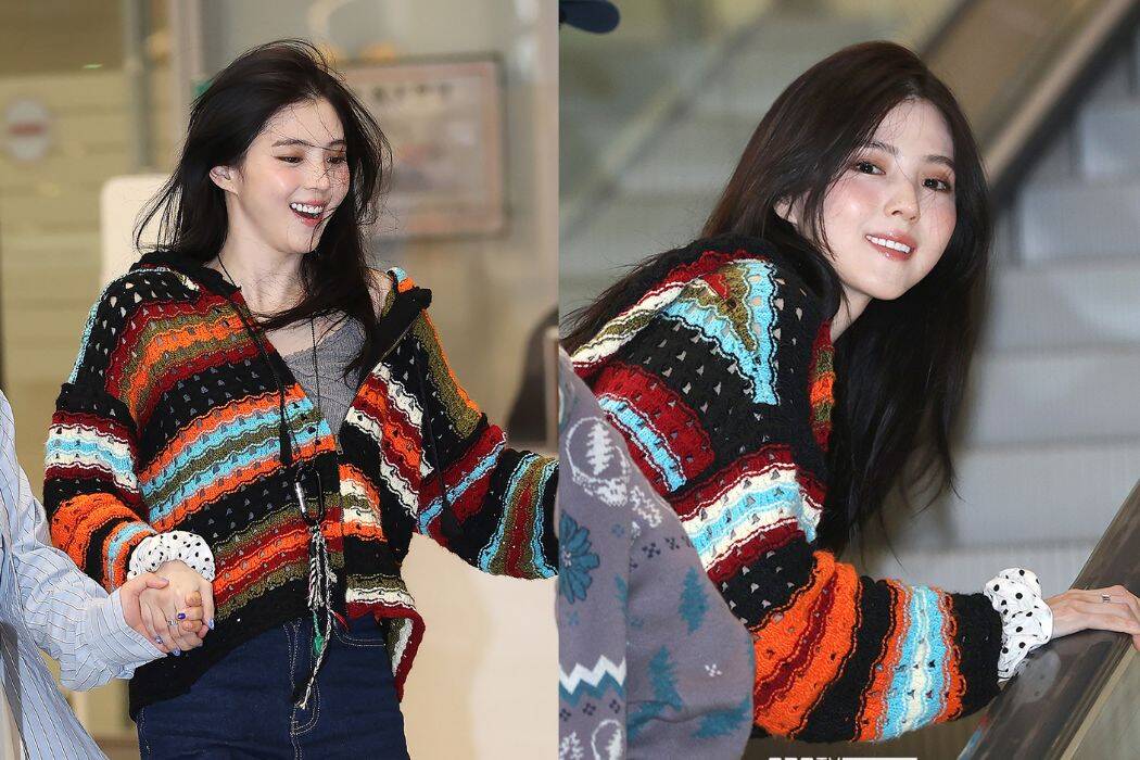 Han So Hee cười rạng rỡ tại sân bay, trái ngược Ryu Jun Yeol. Ảnh: Naver