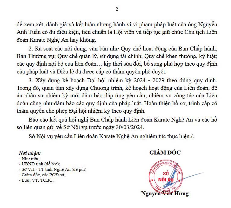Công văn của Sở Nội vụ gửi Liên đoàn Karate Nghệ An. Ảnh: Quang Đại