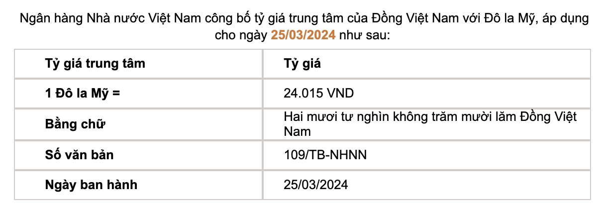 Tỷ giá trung tâm do Ngân hàng Nhà nước công bố