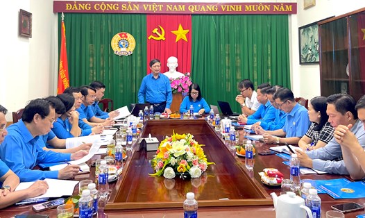Chủ tịch LĐLĐ tỉnh Bắc Giang Nguyễn Văn Cảnh (đứng) phát biểu tại buổi làm việc. Ảnh: Nguyễn Yến 