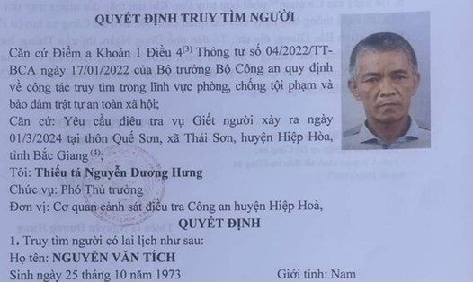 Quyết định truy tìm đối tượng Nguyễn Văn Tích. Ảnh: Công an Bắc Giang

