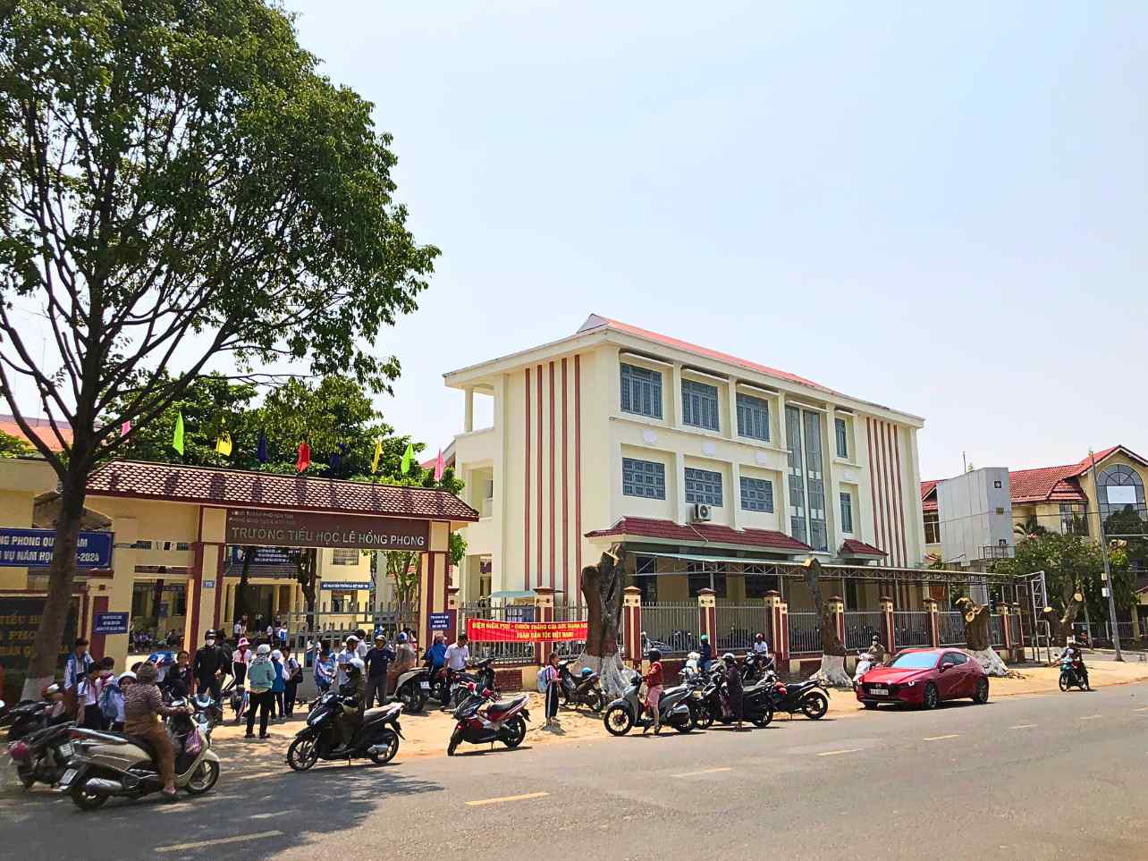 Hàng phượng đỏ trước trường Tiểu học Lê Hồng Phong (TP. Kon Tum) đã gắn với “tuổi thơ” của bao thế hệ học sinh trên địa bàn. Ảnh: Lê Nguyên