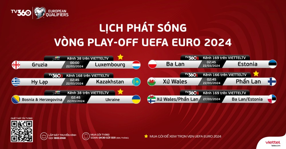 Theo dõi các trận đấu kịch tính của vòng play-off tranh 3 suất còn lại tham dự chung kết UEFA EURO 2024 trọn vẹn trên TV360. Ảnh: Viettel