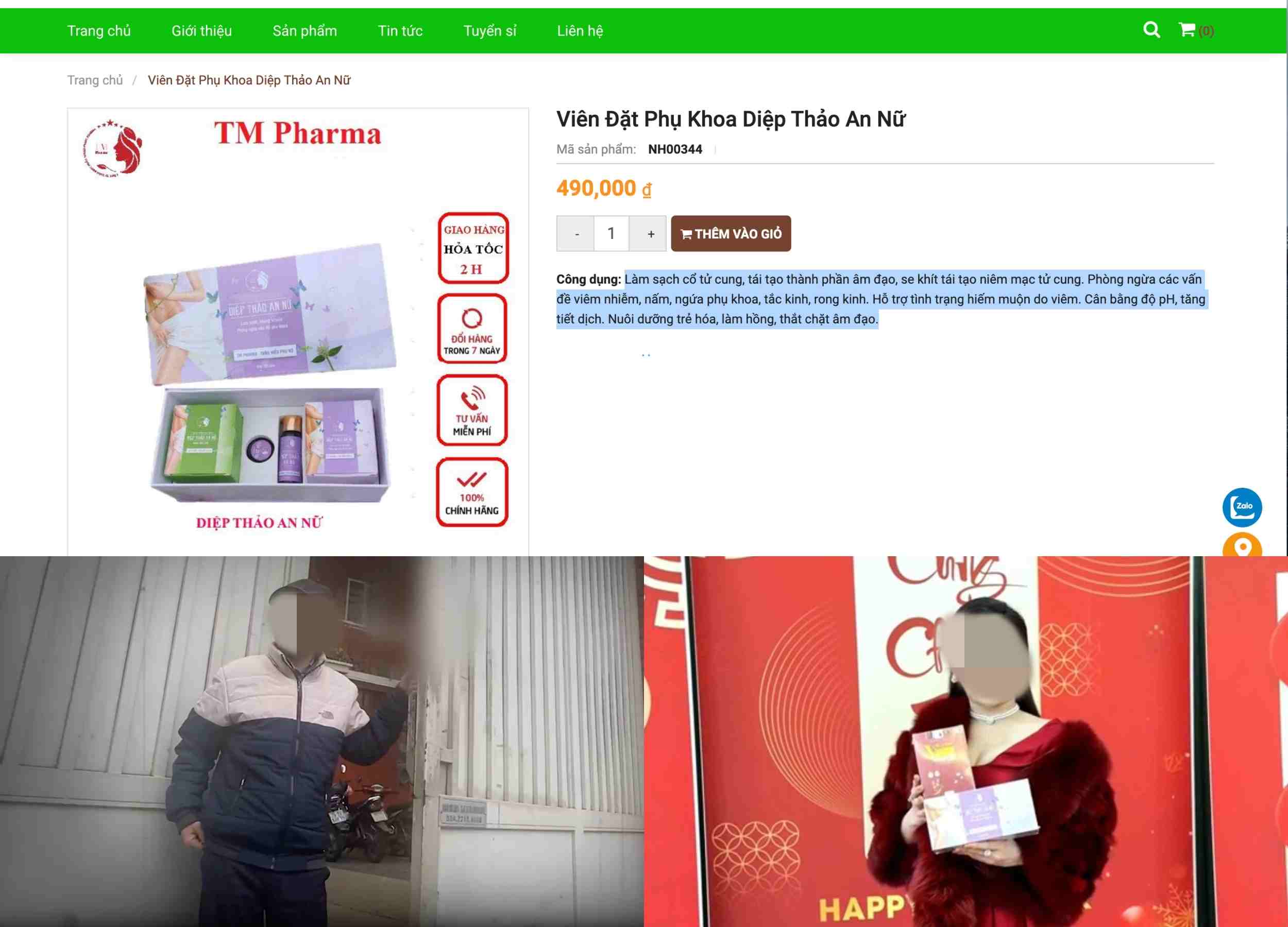 Website, hình ảnh liên hệ và hình ảnh loạt sản phẩm quảng cáo trên website Thanh Mong Pharma. Ảnh: Nhóm PV.