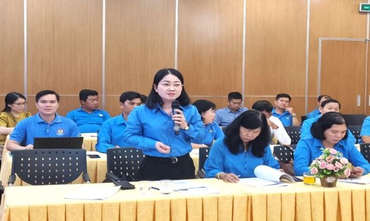 Bà Nguyễn Kim Loan - Chủ tịch LĐLĐ tỉnh Bình Dương phát biểu đóng góp cho dự thảo luật. Ảnh: Nam Dương