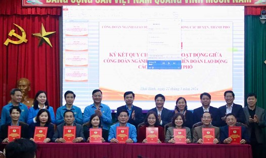 Công đoàn ngành Giáo dục tỉnh Thái Bình và Liên đoàn Lao động các huyện, thành phố ký kết phối hợp giai đoạn 2023 - 2028. Ảnh: Bá Mạnh