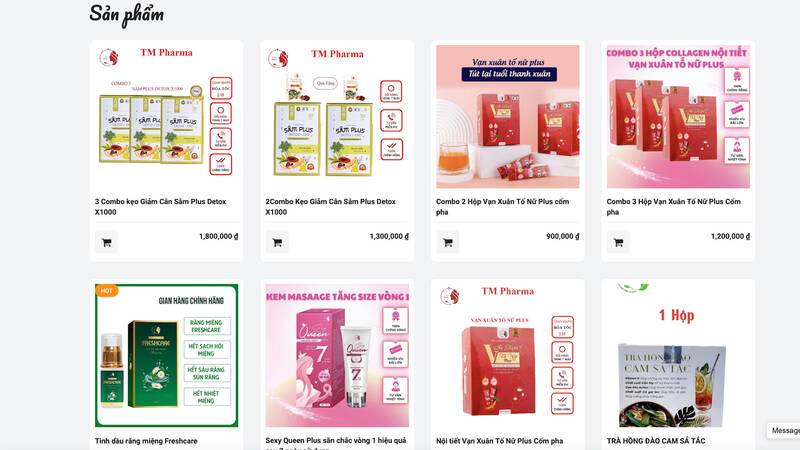 Website, hình ảnh liên hệ và hình ảnh loạt sản phẩm quảng cáo trên website Thanh Mong Pharma. Ảnh: Nhóm PV. 