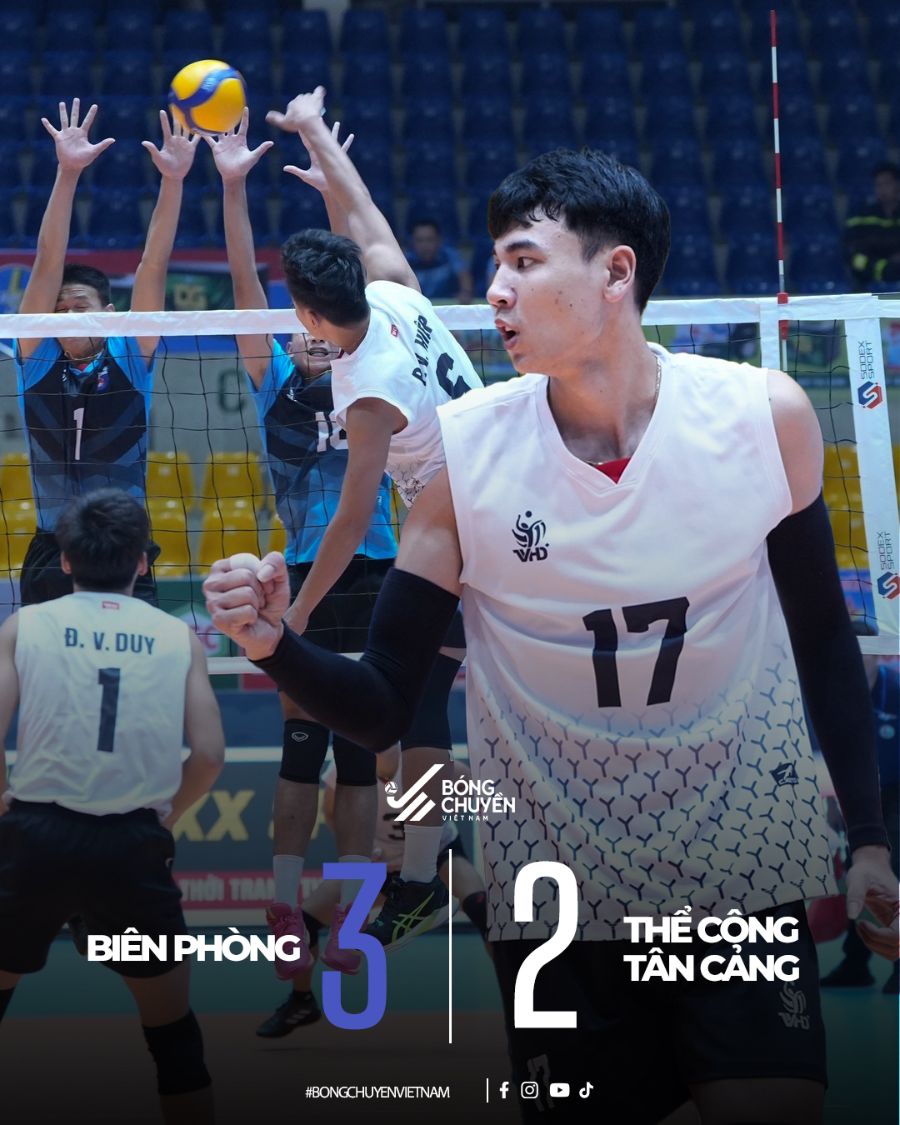 Biên Phòng đánh bại Thể Công Tân Cảng với tỉ số 3-2. Ảnh: Bóng chuyền Việt Nam