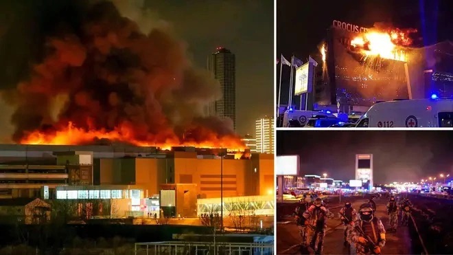 Hình ảnh cho thấy trung tâm thương mại Crocus City Hall bốc cháy dữ dội trong vụ tấn công khủng bố ở Nga hôm 22.3. Ảnh: IT