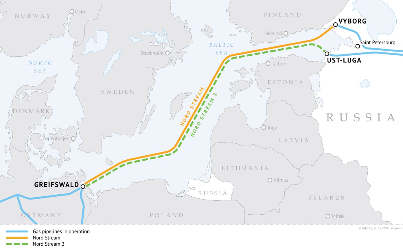 Bản đồ mô tả đường ống Nord Stream và Nord Stream 2. Ảnh: Gazprom 