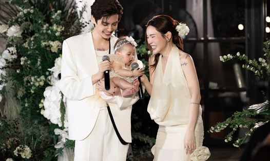 Lucie Nguyễn, Tuấn Dương cùng công chúa nhỏ tại buổi tiệc. Ảnh: NVCC