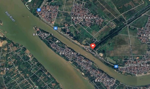 Khu vực cống Long Tửu (Đông Anh, Hà Nội) được đề xuất xây dựng đập dâng để nâng mặt nước sông Hồng. Ảnh: Google Maps