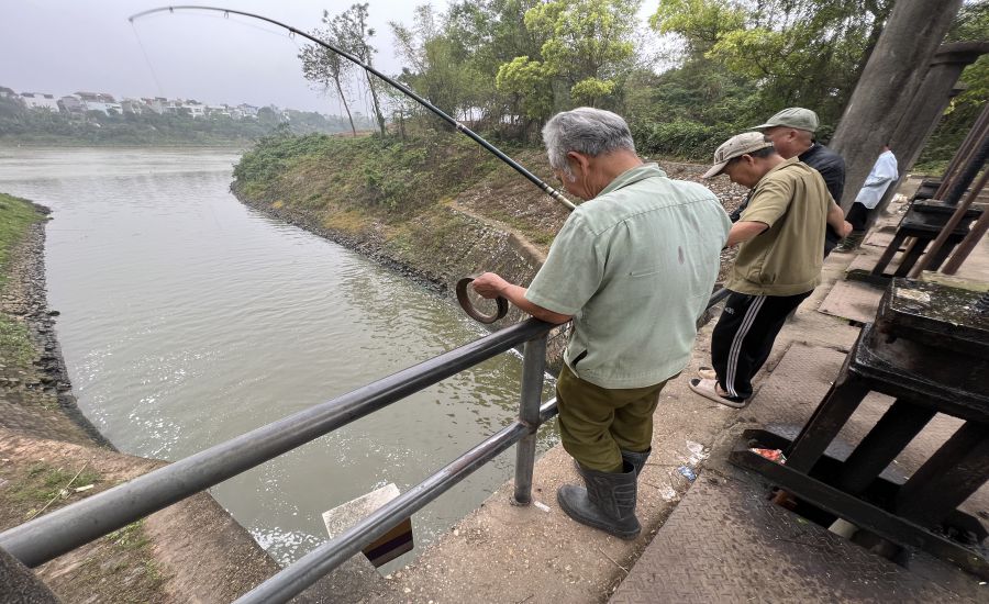 Người dân câu cá tại cống Long Tửu khi mực nước sông Đuống xuống thấp. Ảnh: Hải Nguyễn