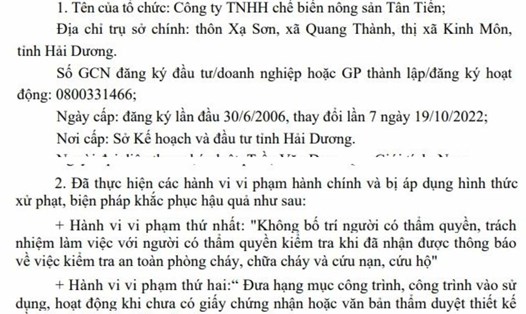UBND tỉnh Hải Dương có quyết định xử phạt vi phạm hành chính với Công ty TNHH Chế biến nông sản Tân Tiến. 