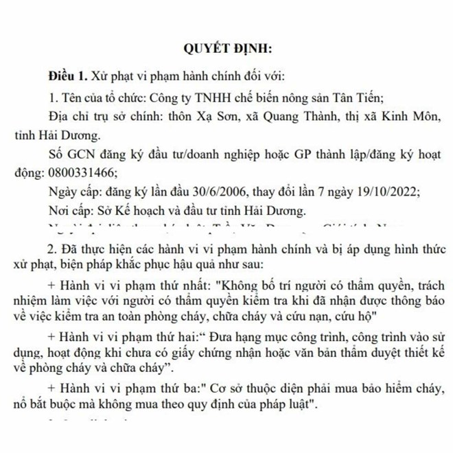 Một công ty nông sản ở Hải Dương bị phạt 168 triệu đồng do vi phạm về PCCC