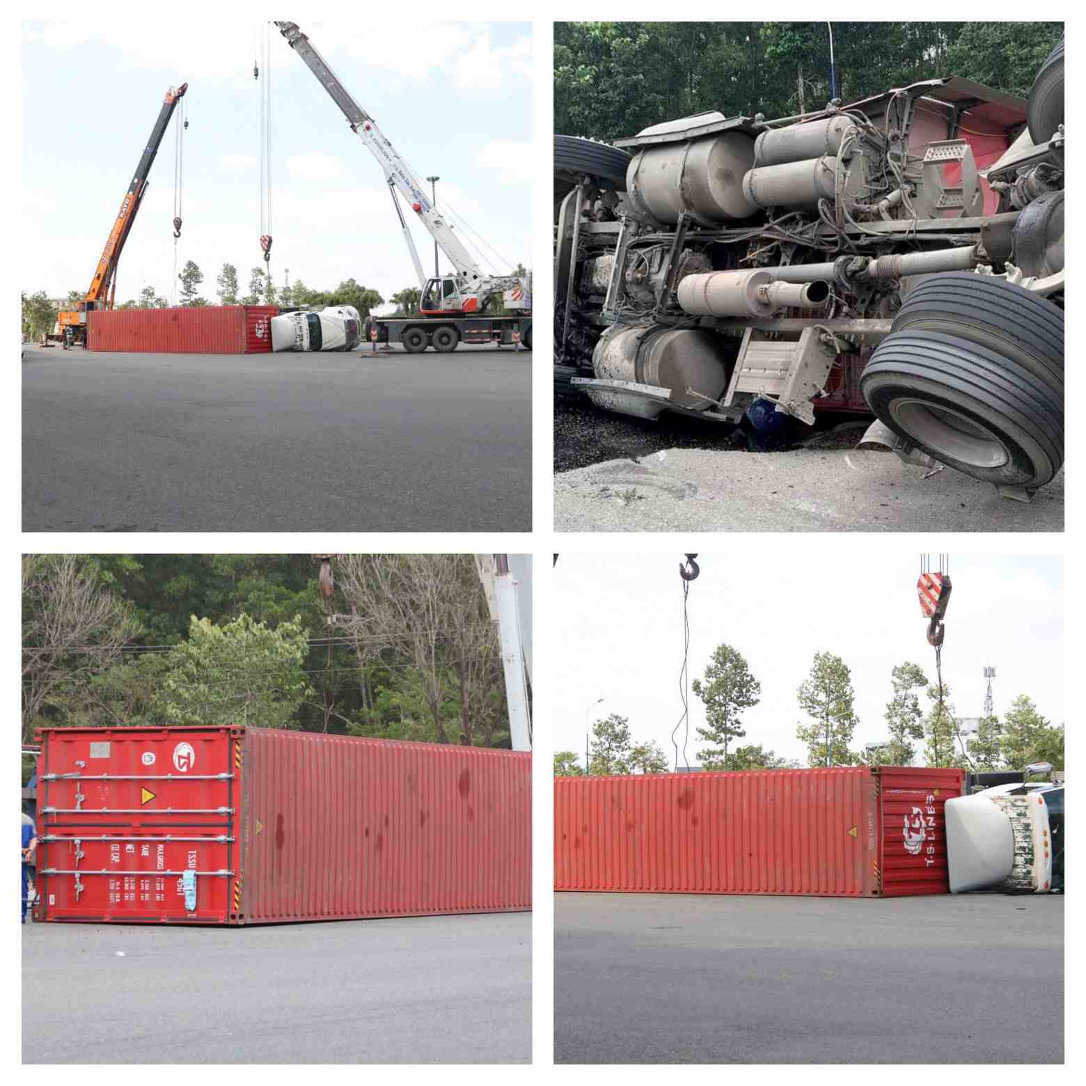 Đây là những hình ảnh xe container chở hàng hoa gặp nạn ở khu vực vòng xay Mỹ Phước 3 trên đường Mỹ Phước Tân Vạn đoạn qua phường Thới Hòa, thị xã Bến Cát, tỉnh Bình Dương.