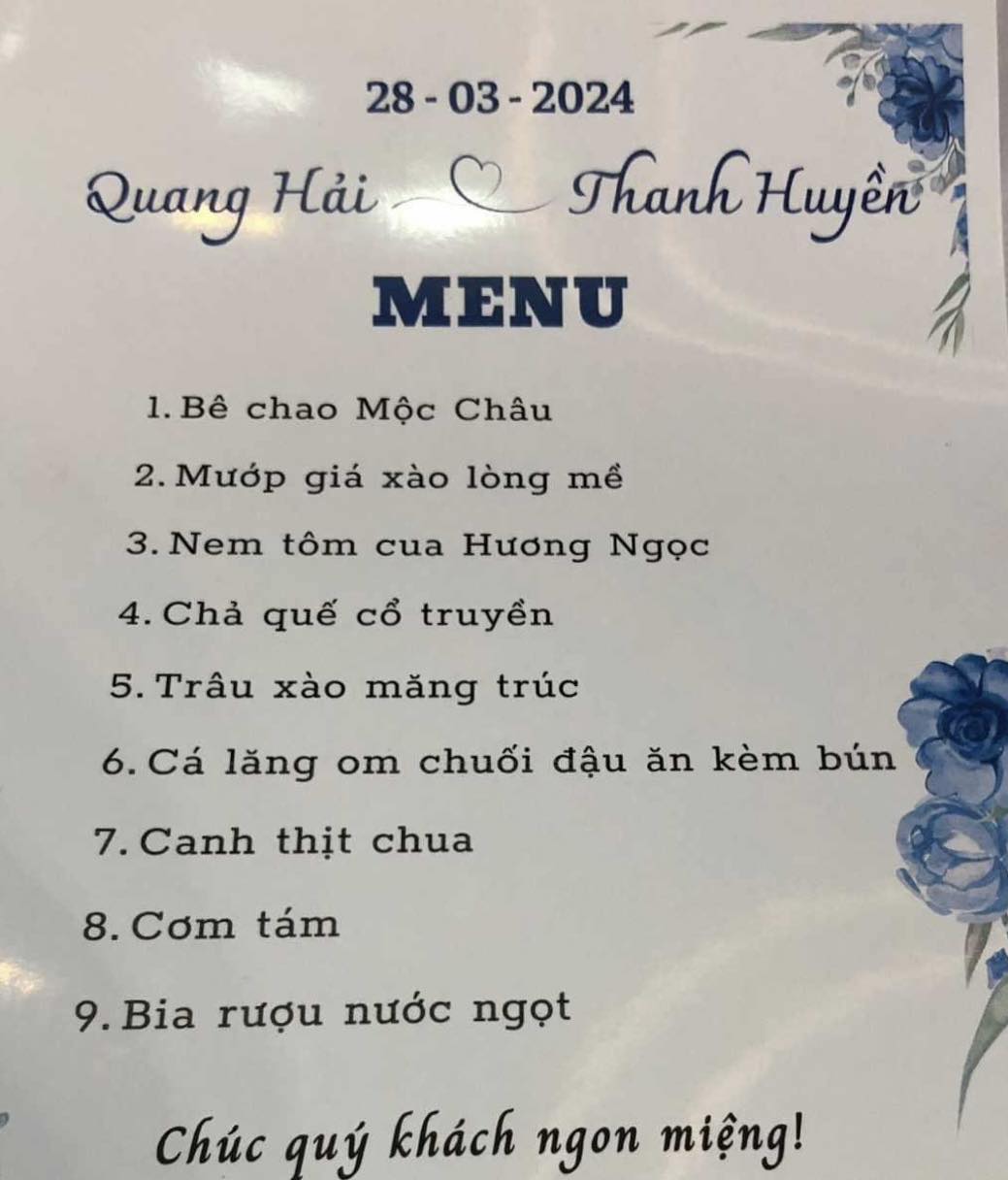 Thực đơn trong đám cưới Quang Hải. Ảnh: An Nguyên