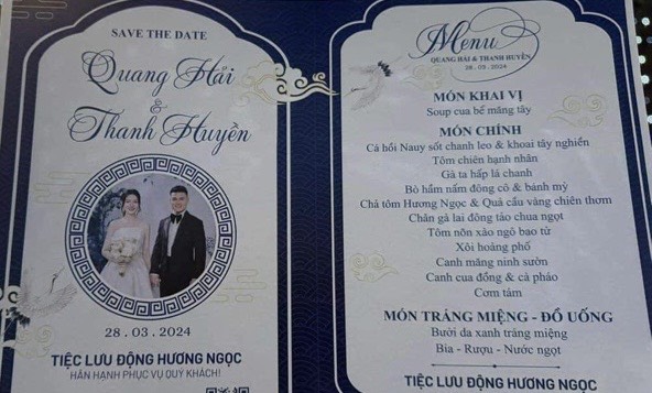Thực đơn tiệc cưới của Quang Hải và Chu Thanh Huyền. Ảnh: Minh Phong