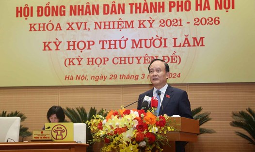 Chủ tịch HĐND TP Hà Nội Nguyễn Ngọc Tuấn phát biểu khai mạc kỳ họp. Ảnh: HĐND Hà Nội
