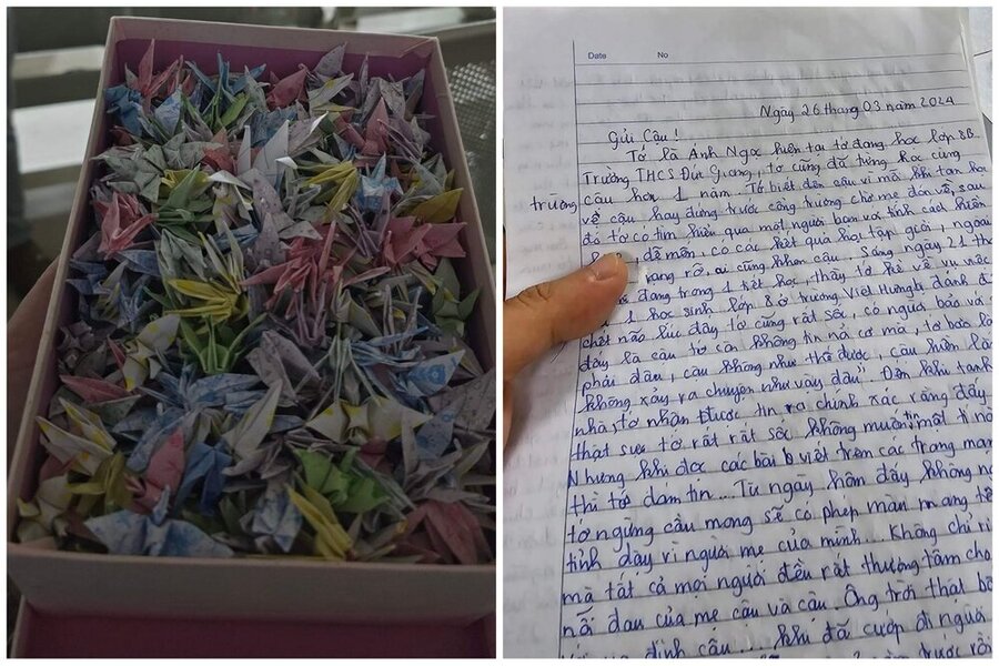 Ngày 29.3, Luật sư Thơm đã đến Bệnh viện Đa khoa tỉnh Phú Thọ trao hàng nghìn con hạc giấy và nhiều bức thư tay của các bạn học cùng lớp, cùng trường cháu Đ nhờ gửi. Ảnh: Nguyễn Anh Thơm.