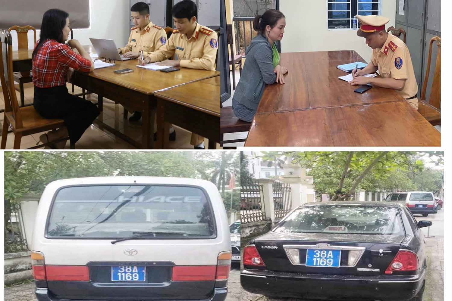 Công an Thành phố Hà Tĩnh làm việc với những người liên quan về 2 xe ô tô cùng mang biển xanh 38A - 1169. Ảnh: Trần Tuấn.
