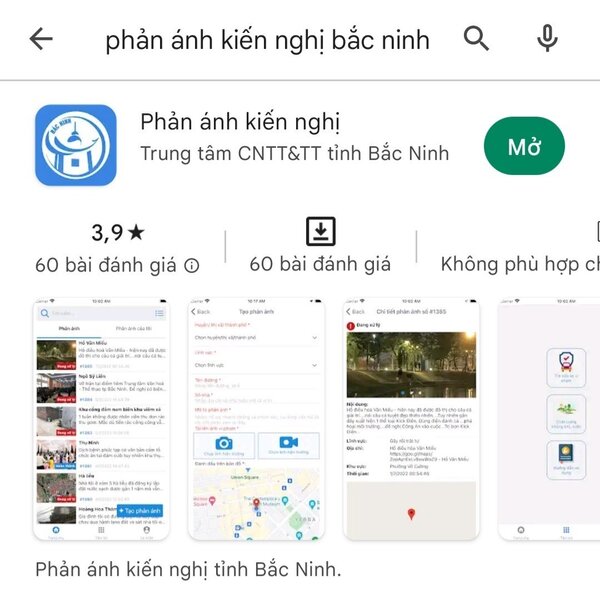Ứng dụng phản ánh - kiến nghị Bắc Ninh trên Google Play. Ảnh: Chụp màn hình