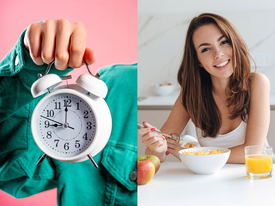 Thời điểm ăn sáng cũng quyết định đến kết quả giảm cân của bạn. Đồ hoạ: Hồng Diệp.