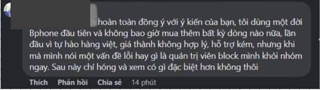 Một bình luận chỉ ra lỗi của Bphone cũng như lên án cách BKAV đối xử với khách hàng. Ảnh: Chụp màn hình 