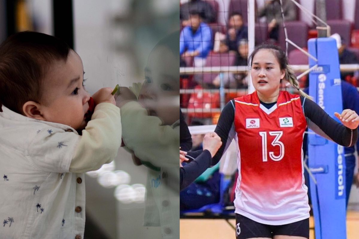 Vận động viên Nguyễn Linh Chi ít thời gian bên con khi trở lại thi đấu. Ảnh: Nhân vật cung cấp/Bóng chuyền Việt Nam