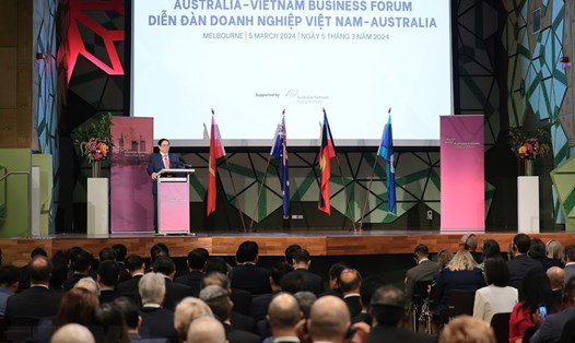 Thủ tướng Chính phủ Phạm Minh Chính phát biểu tại Diễn đàn doanh nghiệp Việt Nam - Australia. Ảnh: TTXVN