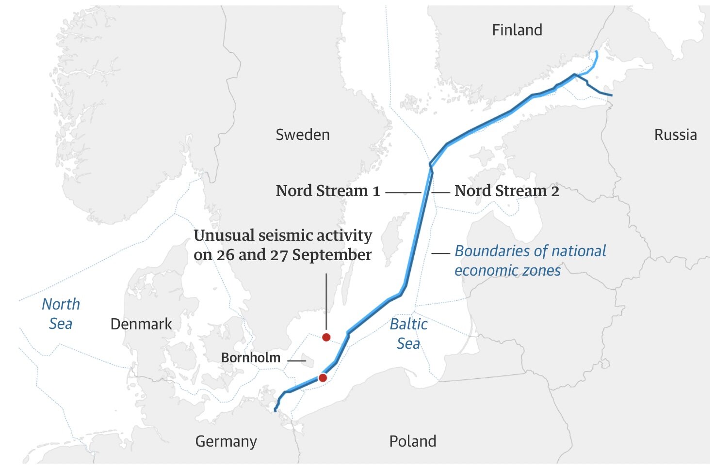 Đường ống Nord Stream 1 và Nord Stream 2. Ảnh chụp màn hình The Guardian