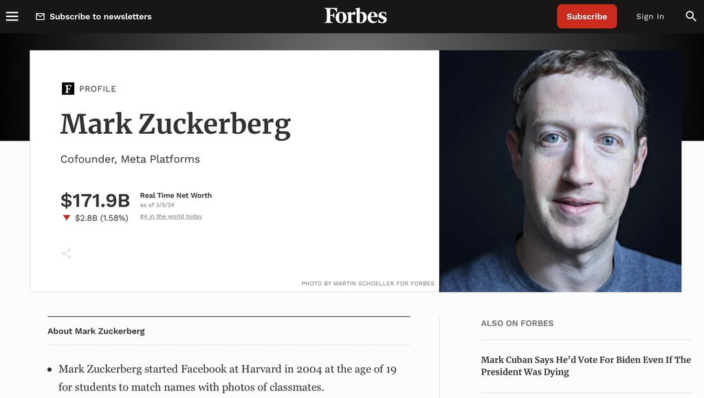 Tài sản của tỉ phú Mark Zuckerberg biến động trên bảng xếp hạng của Forbes. Ảnh chụp màn hình