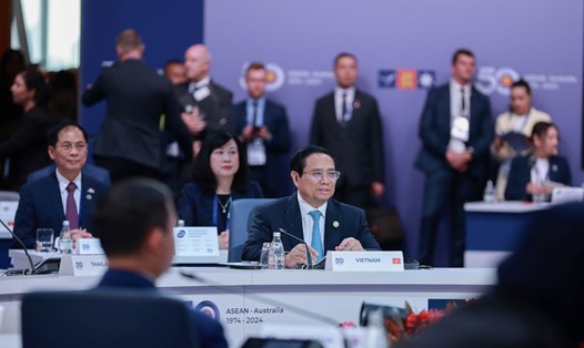 Thủ tướng Chính phủ Phạm Minh Chính phát biểu tại Phiên họp toàn thể Hội nghị Cấp cao Đặc biệt kỷ niệm 50 năm quan hệ ASEAN - Australia. Ảnh: TTXVN