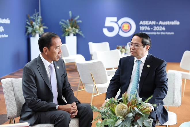 Trong cuộc gặp Thủ tướng Chính phủ, Tổng thống Indonesia Joko Widodo đề nghị Việt Nam khuyến khích tập đoàn Vinfast đầu tư vào lĩnh vực xe điện. Ảnh: TTXVN
