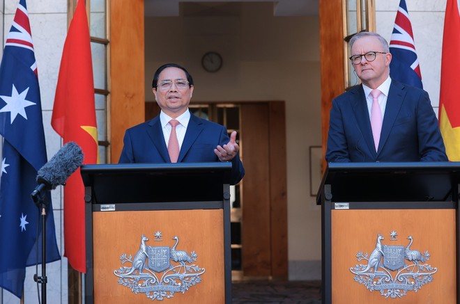 Thủ tướng Chính phủ Phạm Minh Chính tin tưởng Việt Nam - Australia nâng cấp quan hệ lên Đối tác Chiến lược Toàn diện đưa quan hệ hai nước bước sang một chương mới với những nội hàm hợp tác thực chất hơn, hiệu quả hơn, bền vững hơn. Ảnh: TTXVN