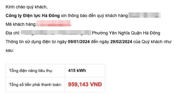 Bản thông báo số tiền điện trong tháng 2.2024 của gia đình chị Q. Ảnh: NVCC