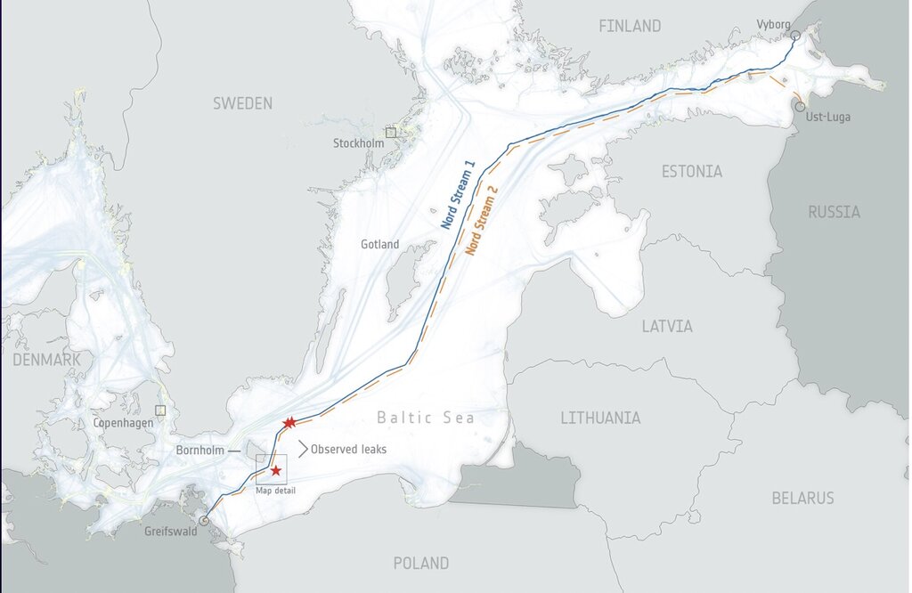 Bản đồ đường ống dẫn khí Nord Stream 1 và Nord Stream 2. Ảnh: Cơ quan Vũ trụ châu Âu 