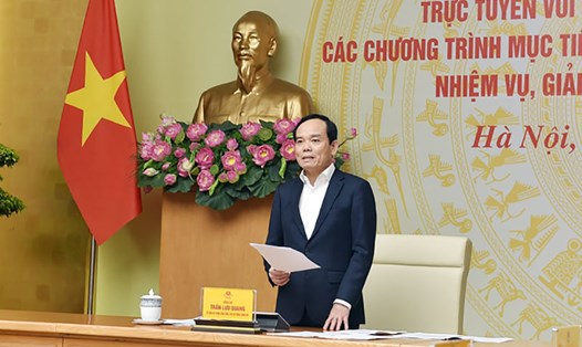 Phó Thủ tướng Chính phủ Trần Lưu Quang phát biểu tại cuộc họp trực tuyến với các địa phương về tiến độ thực hiện 3 chương trình mục tiêu quốc gia. Ảnh: Hải Minh

