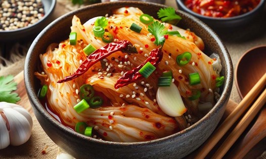 Kim chi là một món ăn lên men thơm ngon của Hàn Quốc có thể mang lại nhiều lợi ích sức khỏe và giúp làn da sáng mịn và ngăn ngừa lão hóa da sớm. Ảnh: AI - Ngọc Thùy