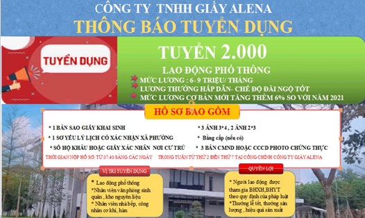 Cty TNHH Giày Alena Việt Nam liên tục tuyển công nhân. Ảnh: Xuân Hùng