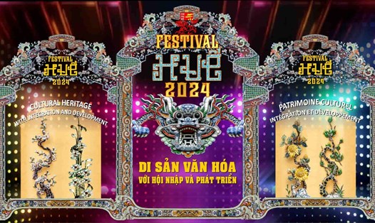 Poster lấy cảm hứng chủ đạo từ các hoạ tiết cung đình được phục hồi trên công trình điện Kiến Trung, Đại Nội, Huế. Ảnh: Ban tổ chức Festival Huế 2024