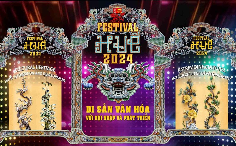 Poster lấy cảm hứng chủ đạo từ các hoạ tiết cung đình được phục hồi trên công trình điện Kiến Trung, Đại Nội, Huế. Ảnh: Ban tổ chức Festival Huế 2024